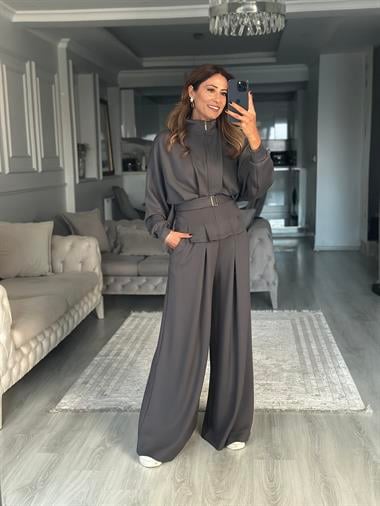 Antrasit Tasarım Kemerli Modal Kadın İkili Takım