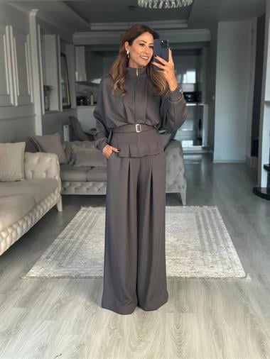 Antrasit Tasarım Kemerli Modal Kadın İkili Takım