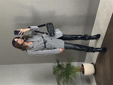 Gri Üç Düğmeli Vatkalı Kemerli Kadın Ceket