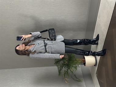 Gri Üç Düğmeli Vatkalı Kemerli Kadın Ceket