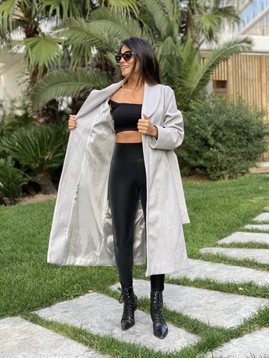 Gri Uzun Kuşaklı Kaşe Kadın Kaban