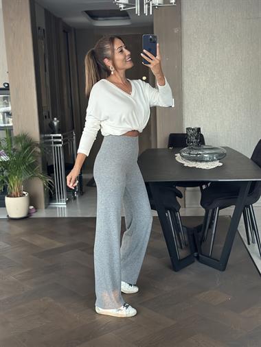 Gri Yumoş Beli Lastikli Bol Paça Kadın Pantolon
