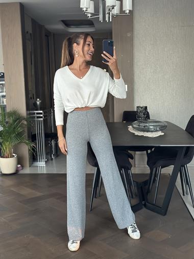 Gri Yumoş Beli Lastikli Bol Paça Kadın Pantolon