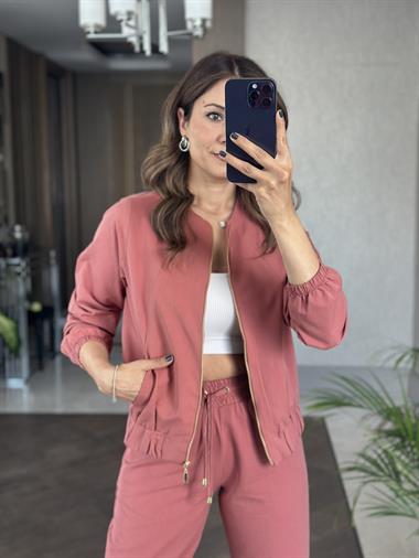 Gül Kurusu Fermuarlı Ceket Pantolon Kadın Alt Üst Takım