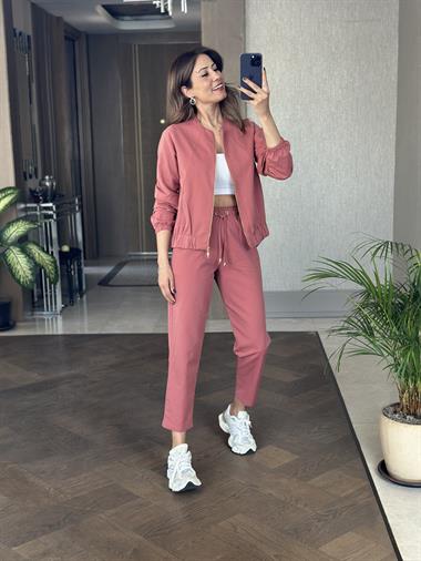 Gül Kurusu Fermuarlı Ceket Pantolon Kadın Alt Üst Takım