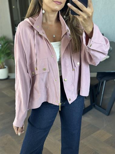 Gül Kurusu Kapüşonlu Cepleri Ve Önü Çıtçıtlı Oversize Kadın Trençkot