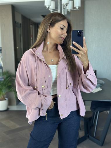 Gül Kurusu Kapüşonlu Cepleri Ve Önü Çıtçıtlı Oversize Kadın Trençkot