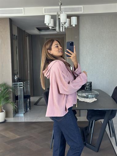 Gül Kurusu Kapüşonlu Cepleri Ve Önü Çıtçıtlı Oversize Kadın Trençkot