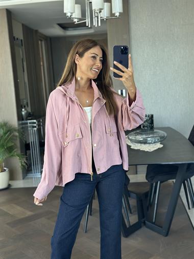 Gül Kurusu Kapüşonlu Cepleri Ve Önü Çıtçıtlı Oversize Kadın Trençkot