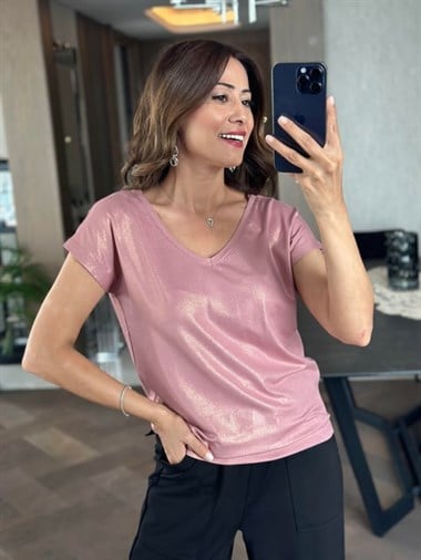 Gül Kurusu Ön Arka V Yaka Kısa Kol Kadın T-Shirt