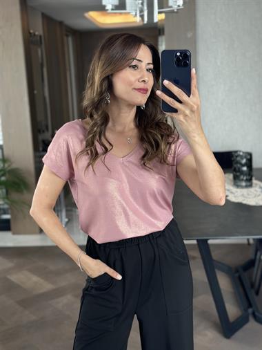 Gül Kurusu Ön Arka V Yaka Kısa Yarasa Kol Kadın T-Shirt