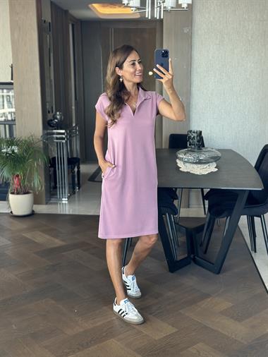 Gül Kurusu Polo Yaka Sıfır Kol Modal Midi Boy Kadın Elbise 