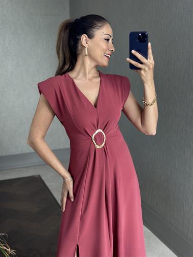 Gül Kurusu Vatkalı V Yaka Önü Tokalı Kadın Midi Boy Elbise