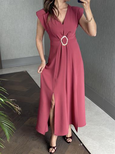 Gül Kurusu Vatkalı V Yaka Önü Tokalı Kadın Midi Boy Elbise