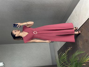 Gül Kurusu Vatkalı V Yaka Önü Tokalı Kadın Midi Boy Elbise