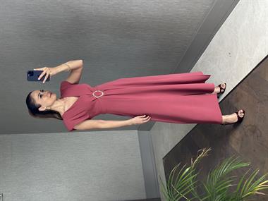 Gül Kurusu Vatkalı V Yaka Önü Tokalı Kadın Midi Boy Elbise