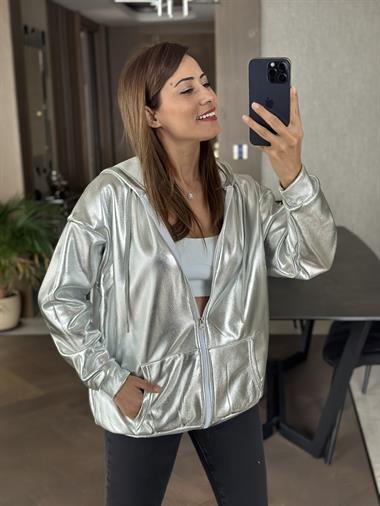 Gümüş Varak Kapüşonlu Fermuarlı Kadın Sweatshirt