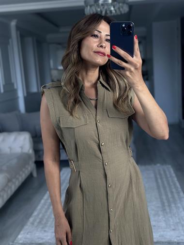 Haki Apoletli Sıfır Kol Midi Boy Kadın Gömlek Elbise