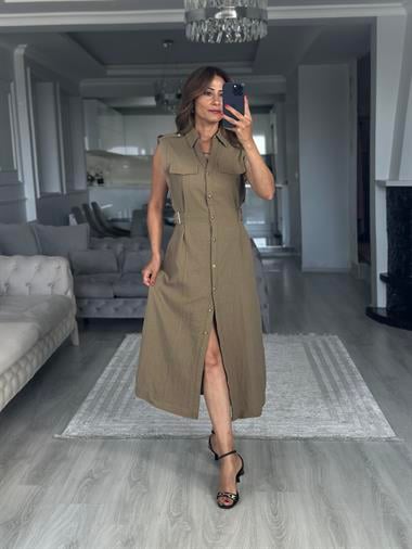 Haki Apoletli Sıfır Kol Midi Boy Kadın Gömlek Elbise