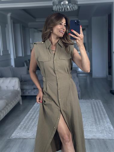 Haki Apoletli Sıfır Kol Midi Boy Kadın Gömlek Elbise