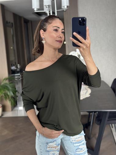 Haki Arkası V Önü Bisiklet Yaka Uzun Kol Kadın Bluz