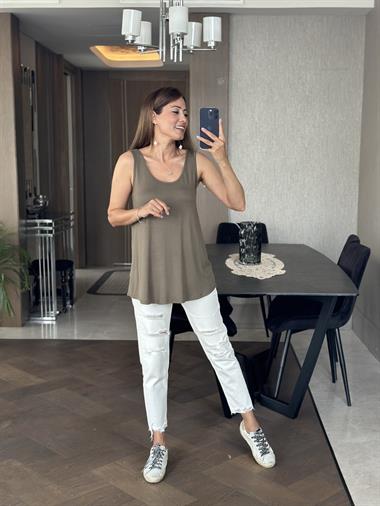 Haki Askılı Eteği Oval Oversize Kadın Bluz