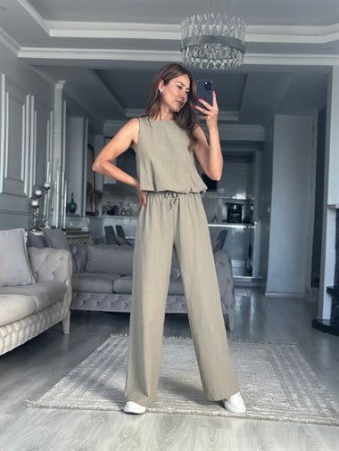 Haki Balon Bluz Pantolon  Keten Kadın İkili Takım