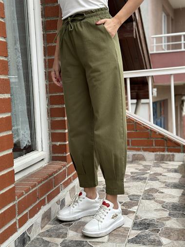 Haki Bel Lastikli Paça Pensli Gabardin Kadın Pantolon