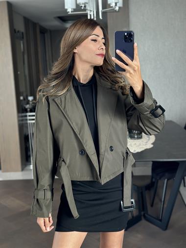 Haki Beli Kuşaklı Kısa Kadın Trençkot
