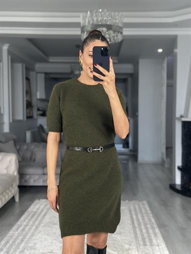 Haki Bisiklet Yaka Kısa Kol Yumuşak Dokulu Kadın Triko Elbise