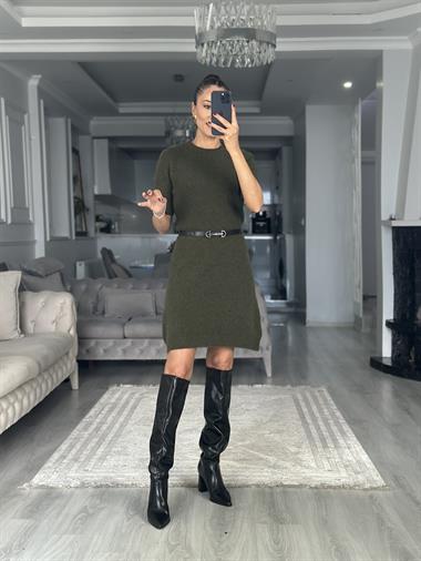 Haki Bisiklet Yaka Kısa Kol Yumuşak Dokulu Kadın Triko Elbise