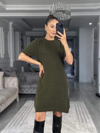 Haki Bisiklet Yaka Kısa Kol Yumuşak Dokulu Kadın Triko Elbise