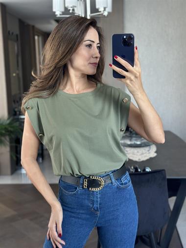 Haki Bisiklet Yaka Kolu Düğme Detay Kadın T-Shirt