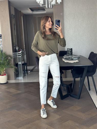 Haki Bisiklet Yaka Uzun Kol Dlvn Düz Merserize Kadın Bluz