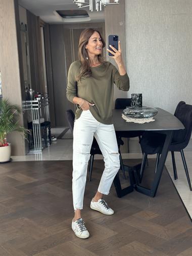 Haki Bisiklet Yaka Uzun Kol Dlvn Düz Merserize Kadın Bluz