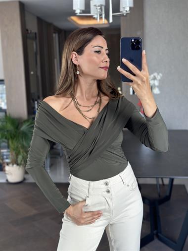Haki Çapraz Detay Uzun Kollu Sandy Kadın Bluz