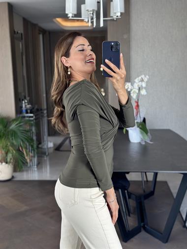 Haki Çapraz Detay Uzun Kollu Sandy Kadın Bluz