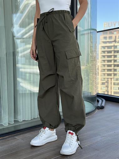 Haki Cebi Kapaklı Paça Bağcıklı Paraşüt Kadın Pantolon