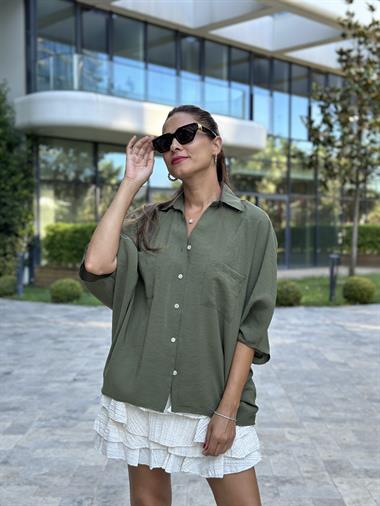 Haki Çift Cepli Yarasa Kol Tnsl Kadın Gömlek