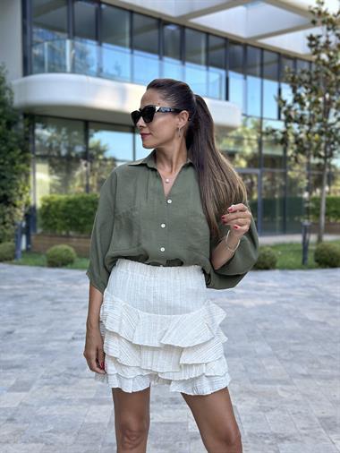 Haki Çift Cepli Yarasa Kol Tnsl Kadın Gömlek