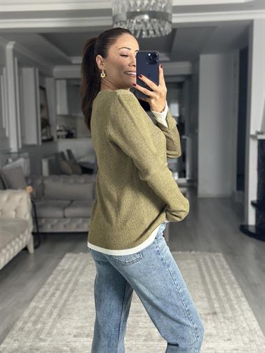 Haki Çift Renk Ribanalı Fitilli Kadın Triko Kazak