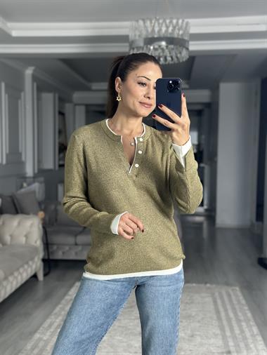 Haki Çift Renk Ribanalı Fitilli Kadın Triko Kazak