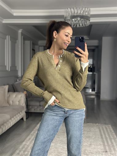 Haki Çift Renk Ribanalı Fitilli Kadın Triko Kazak