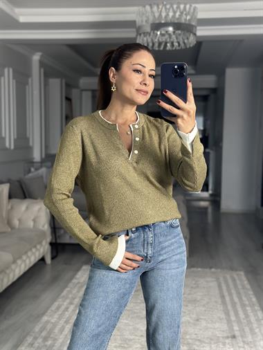 Haki Çift Renk Ribanalı Fitilli Kadın Triko Kazak