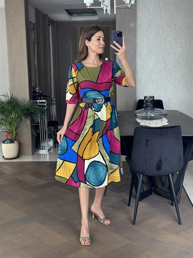 Haki Desenli Kısa Kol Bisiklet Yaka Eğlenceli Kadın Elbise