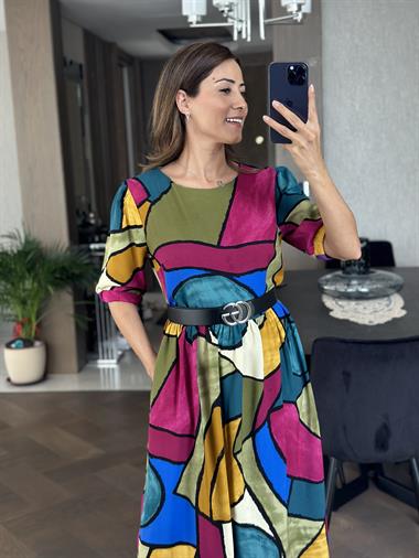 Haki Desenli Kısa Kol Bisiklet Yaka Eğlenceli Kadın Elbise