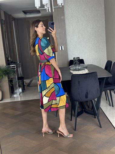 Haki Desenli Kısa Kol Bisiklet Yaka Eğlenceli Kadın Elbise