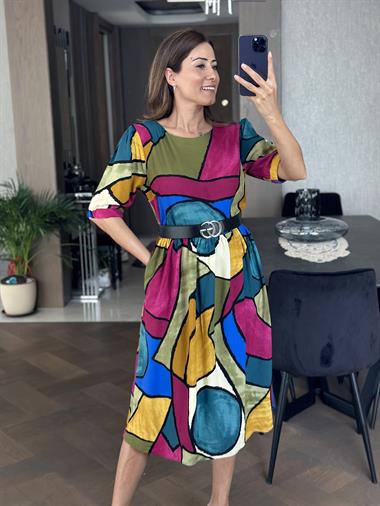 Haki Desenli Kısa Kol Bisiklet Yaka Eğlenceli Kadın Elbise