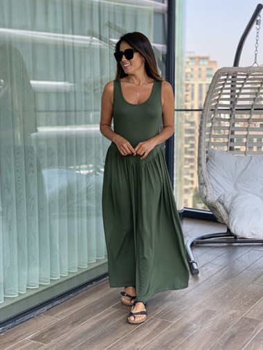 Haki  Eteği Büzgülü Penye Elbise