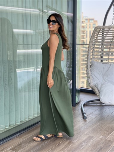 Haki  Eteği Büzgülü Penye Elbise